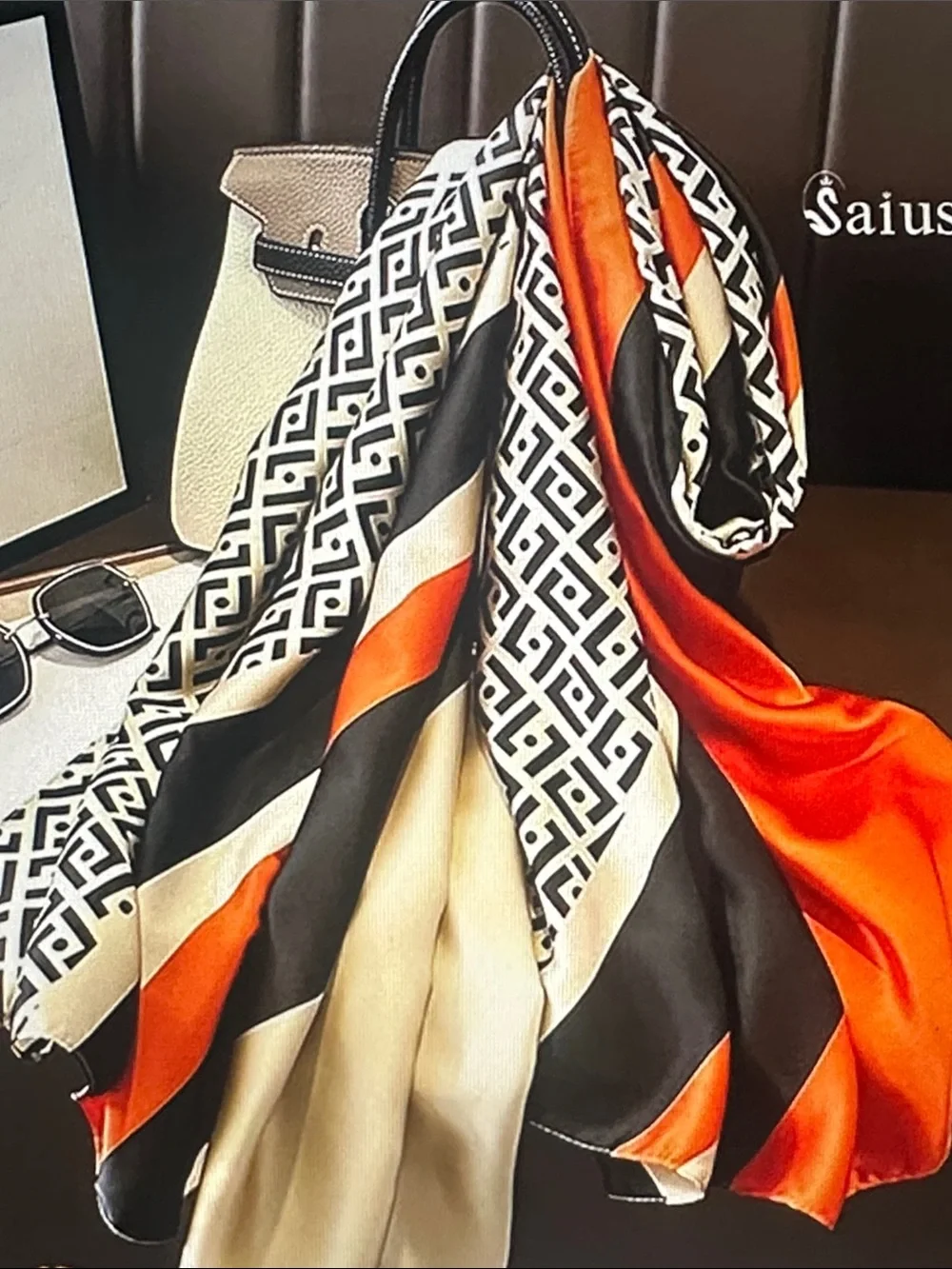 Silk Geometric & Stripe Scarf in Black, Cream & Orange